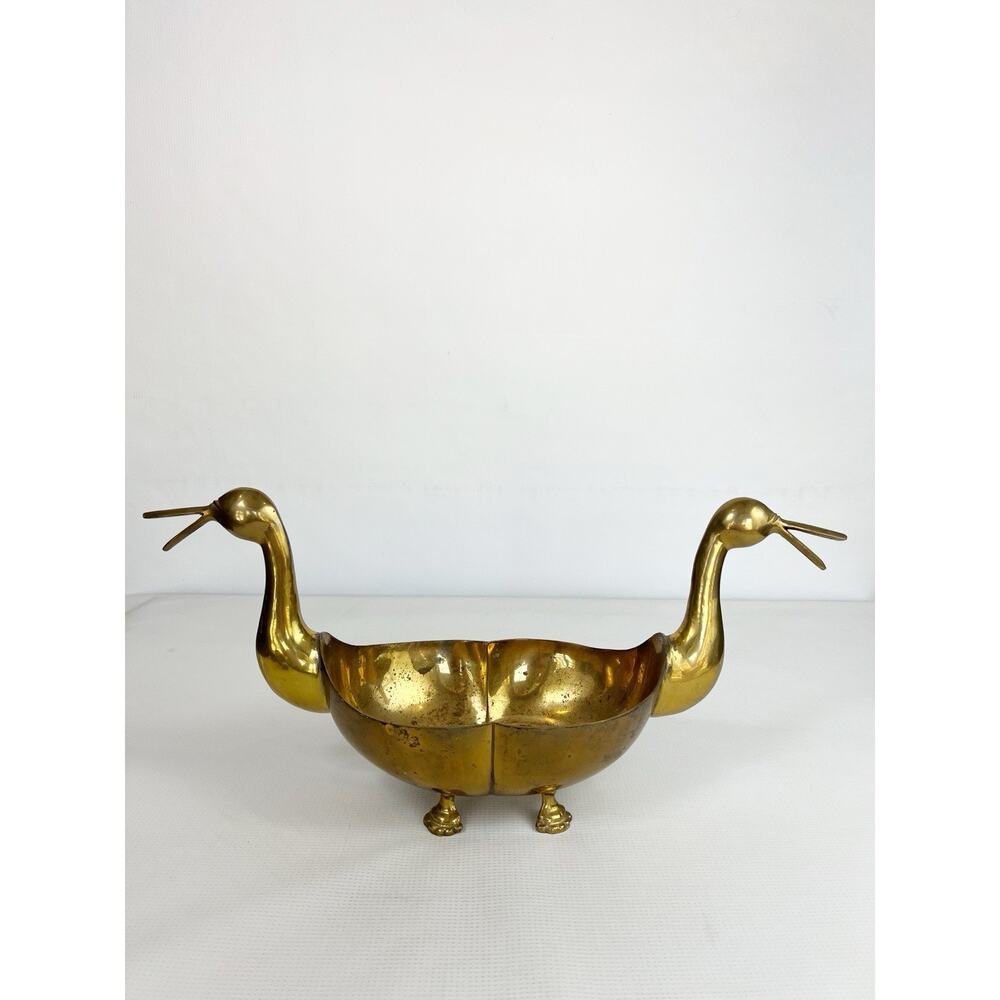 MCM Vintage Double Headed Brass Duck Bowl Planter Patina Rare Unique!